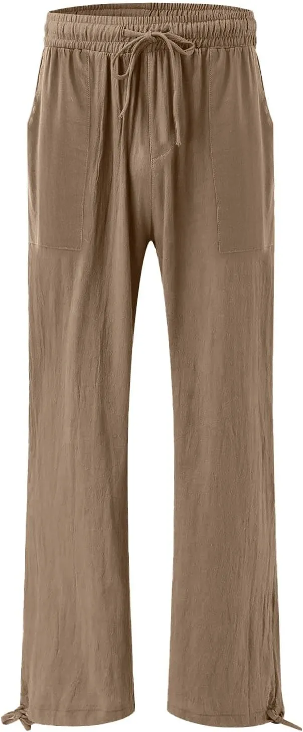 Wide Leg Linen Pants for Women Summer Palazzo Flowy Pants Casual Loose High Waist Beach Trousers with Pockets