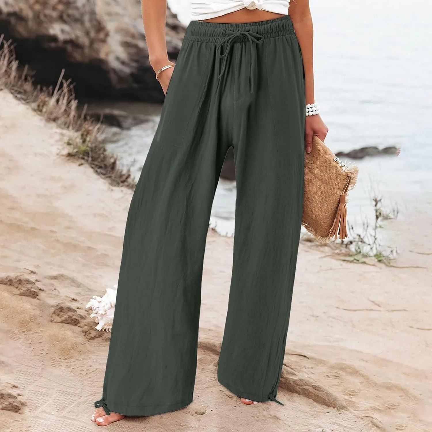 Wide Leg Linen Pants for Women Summer Palazzo Flowy Pants Casual Loose High Waist Beach Trousers with Pockets