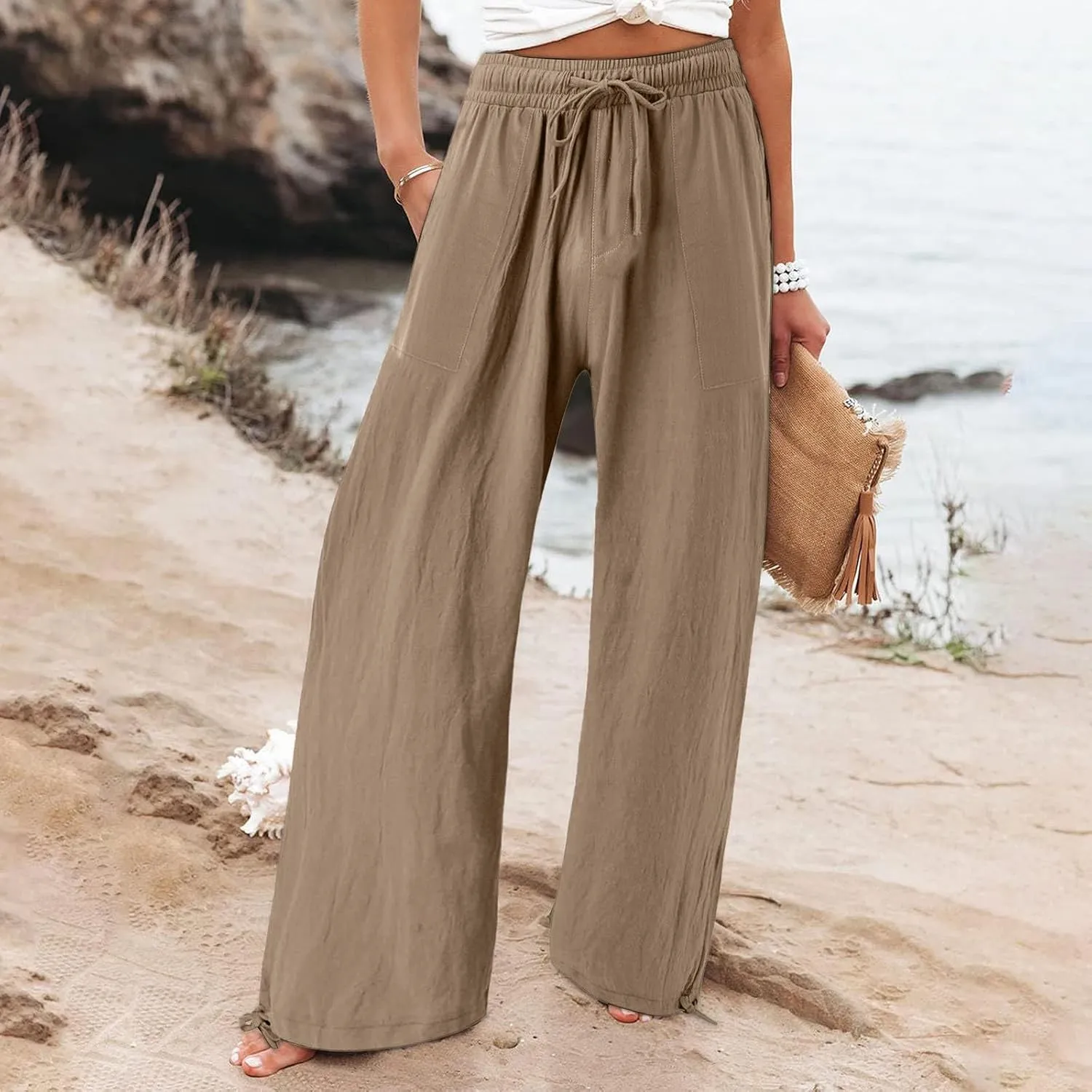 Wide Leg Linen Pants for Women Summer Palazzo Flowy Pants Casual Loose High Waist Beach Trousers with Pockets
