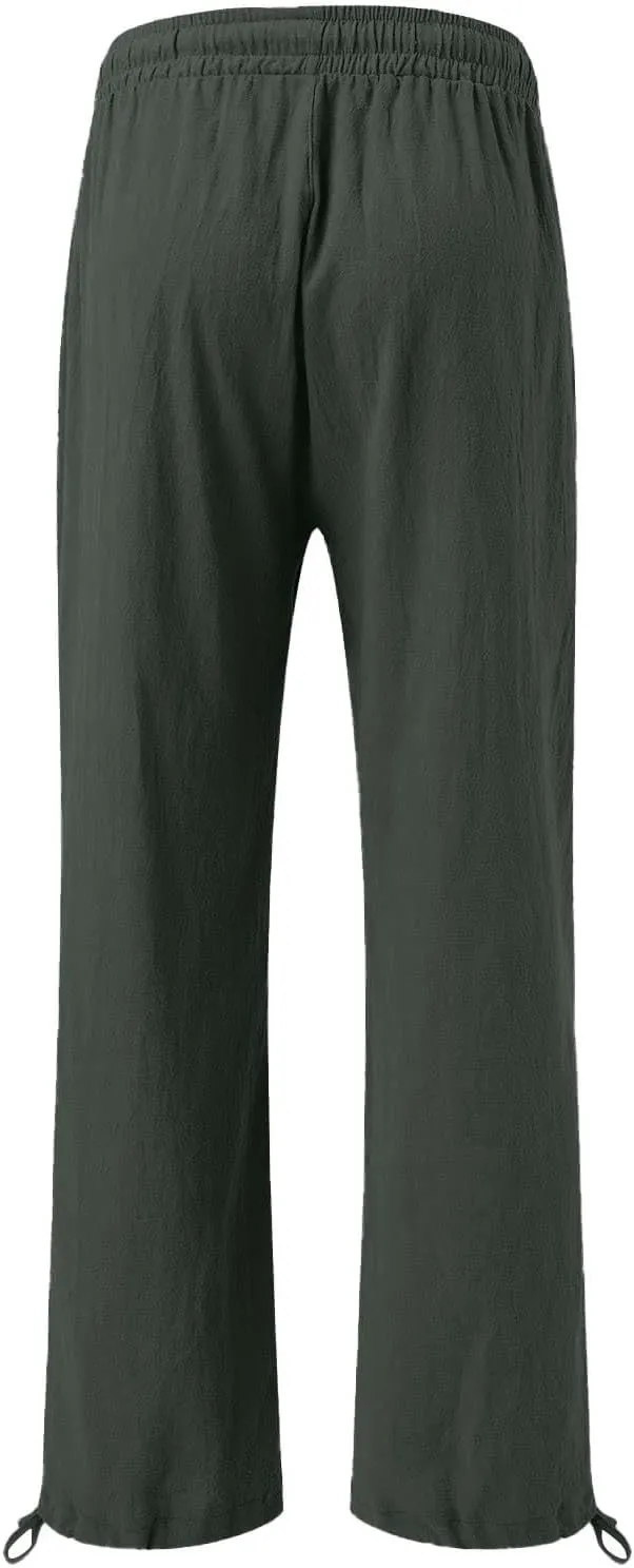 Wide Leg Linen Pants for Women Summer Palazzo Flowy Pants Casual Loose High Waist Beach Trousers with Pockets