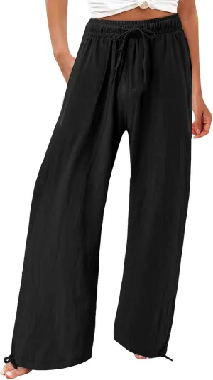 Wide Leg Linen Pants for Women Summer Palazzo Flowy Pants Casual Loose High Waist Beach Trousers with Pockets