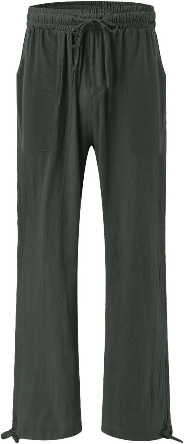 Wide Leg Linen Pants for Women Summer Palazzo Flowy Pants Casual Loose High Waist Beach Trousers with Pockets
