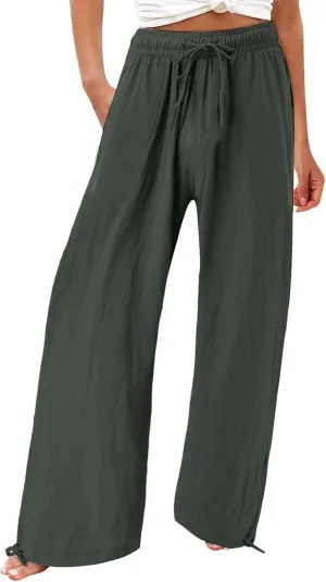 Wide Leg Linen Pants for Women Summer Palazzo Flowy Pants Casual Loose High Waist Beach Trousers with Pockets