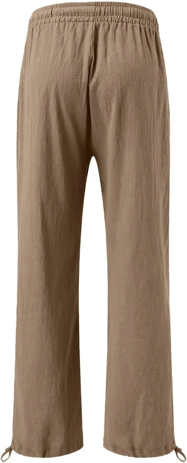 Wide Leg Linen Pants for Women Summer Palazzo Flowy Pants Casual Loose High Waist Beach Trousers with Pockets