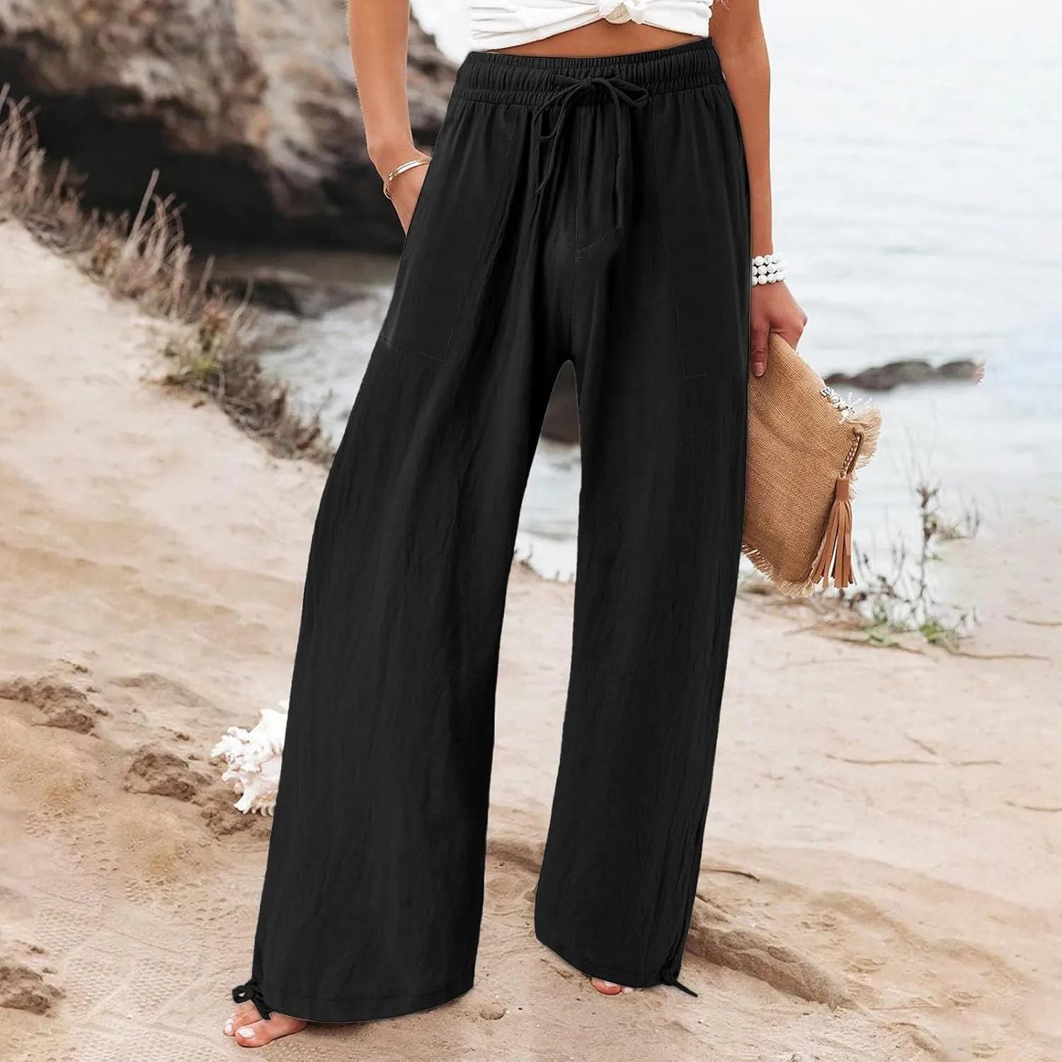 Wide Leg Linen Pants for Women Summer Palazzo Flowy Pants Casual Loose High Waist Beach Trousers with Pockets
