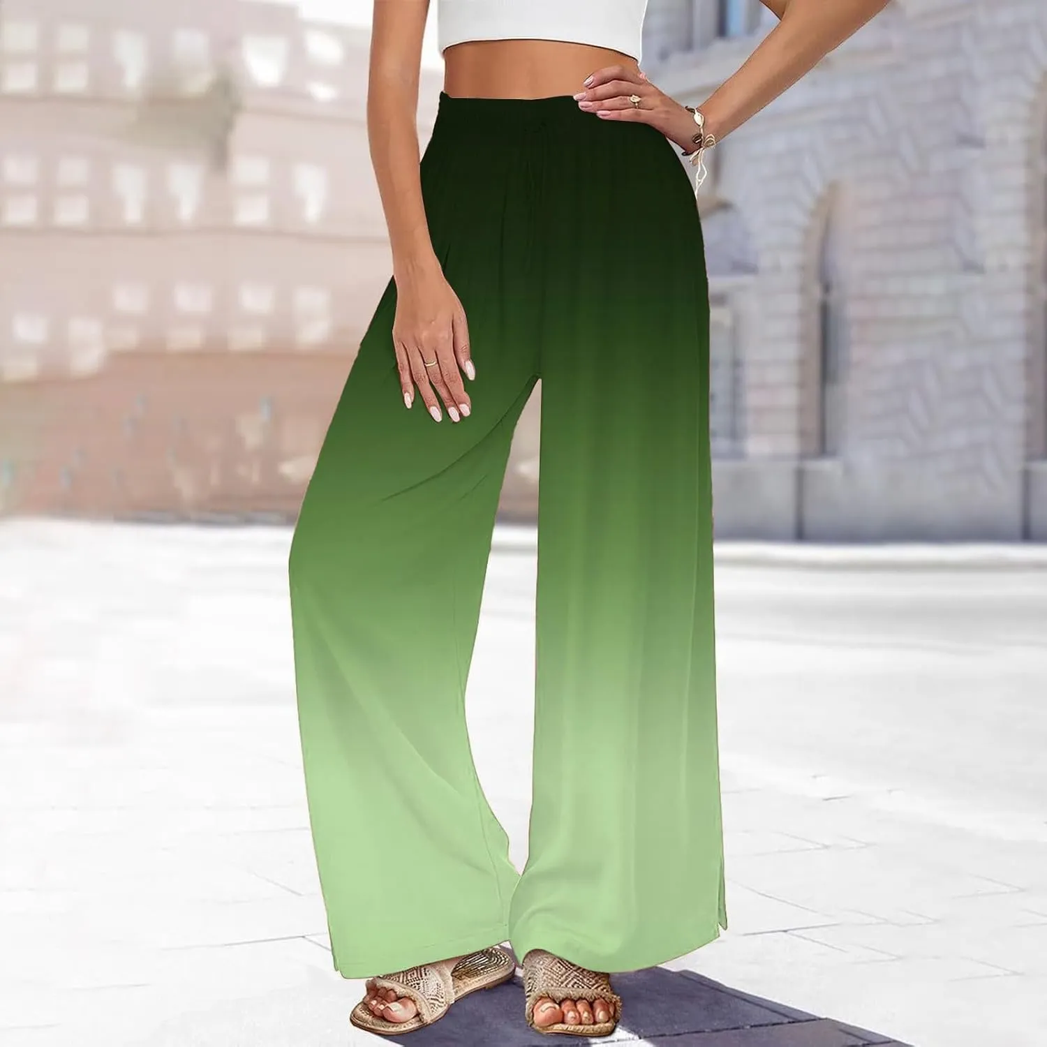 Women Boho Palazzo Wide Leg Pants Summer High Waist Casual Flowy Lounge Trousers for Vacation Floral Plus Size