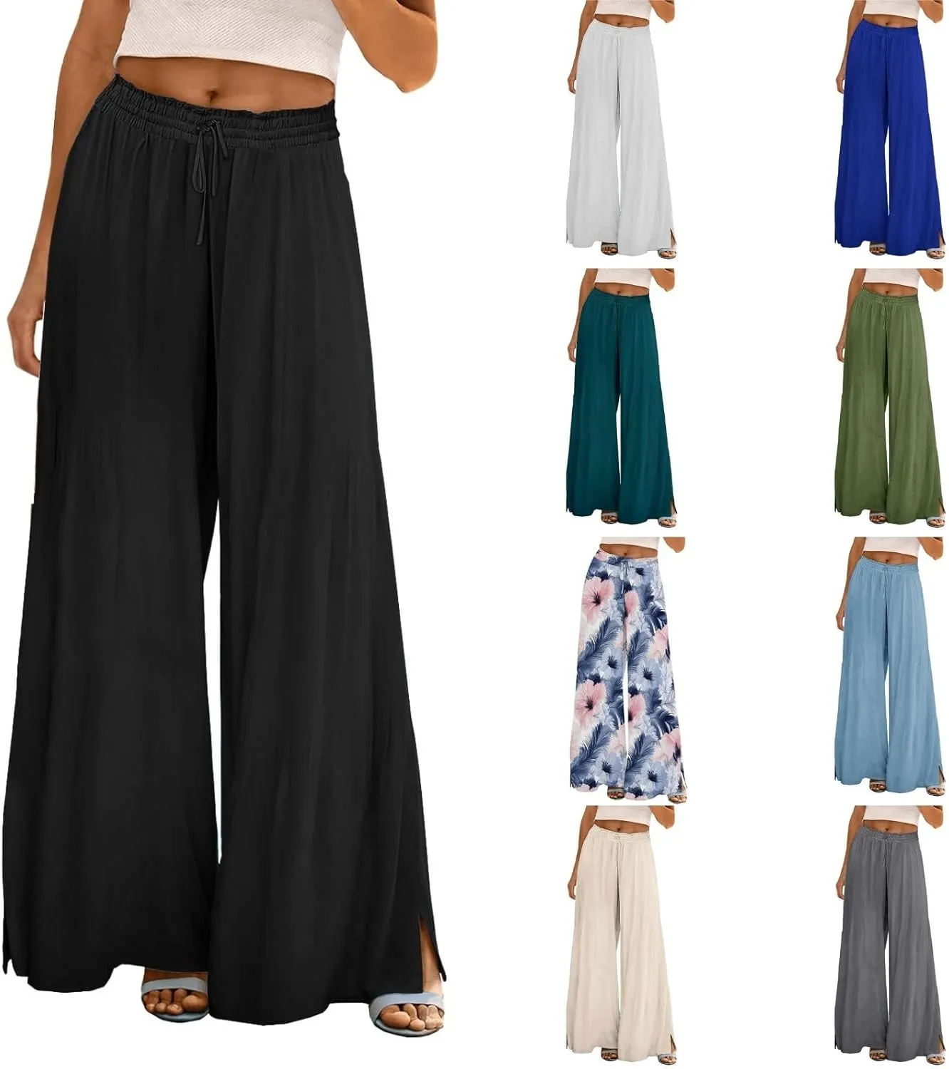 Women Boho Palazzo Wide Leg Pants Summer High Waist Casual Flowy Lounge Trousers for Vacation Floral Plus Size