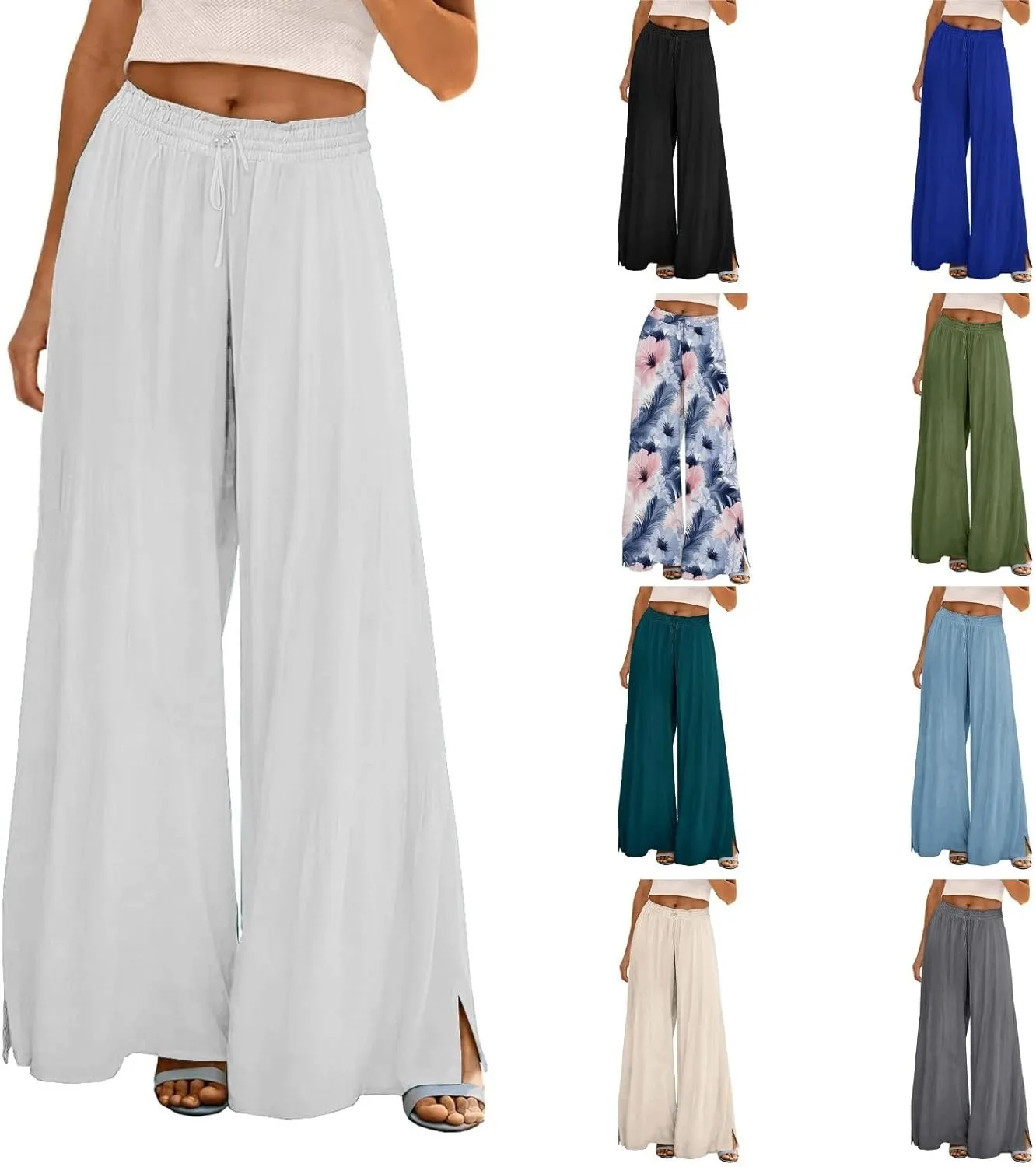 Women Boho Palazzo Wide Leg Pants Summer High Waist Casual Flowy Lounge Trousers for Vacation Floral Plus Size