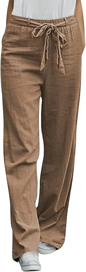 Women Business Casual Summer Pants Linen Cotton Adjustable Tie Knot Trousers Elastic Waist Baggy Solid Straight Leg Pants