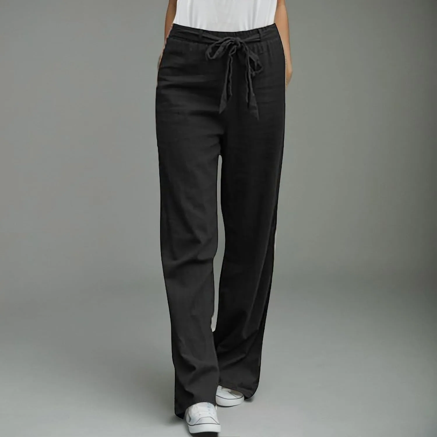 Women Business Casual Summer Pants Linen Cotton Adjustable Tie Knot Trousers Elastic Waist Baggy Solid Straight Leg Pants