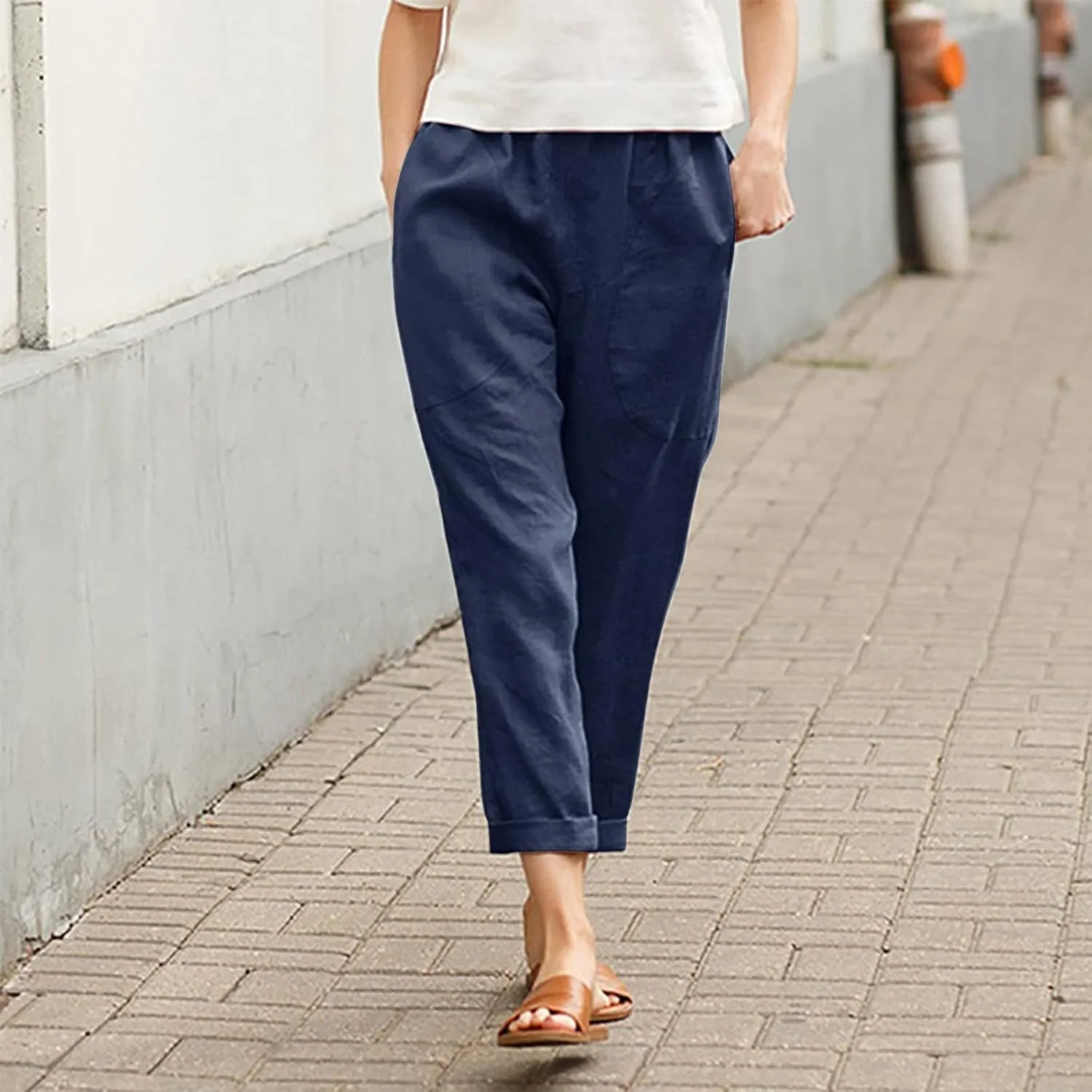Women Casual Crppped Trousers Linen Cotton Summer Capris Pants Straight Wide Leg Casual Loose Fit Solid Pants with Pockets