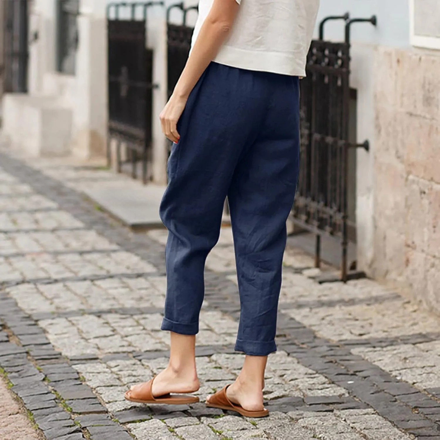 Women Casual Crppped Trousers Linen Cotton Summer Capris Pants Straight Wide Leg Casual Loose Fit Solid Pants with Pockets