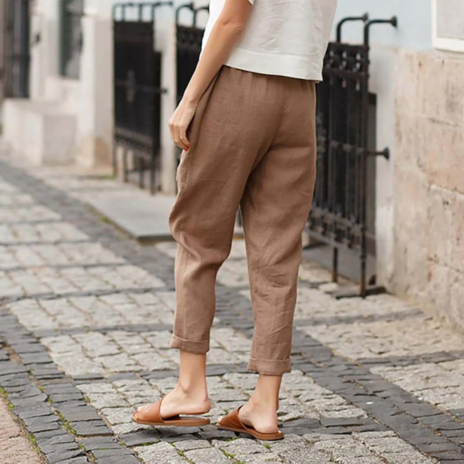 Women Casual Crppped Trousers Linen Cotton Summer Capris Pants Straight Wide Leg Casual Loose Fit Solid Pants with Pockets