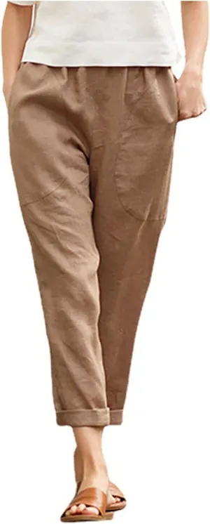 Women Casual Crppped Trousers Linen Cotton Summer Capris Pants Straight Wide Leg Casual Loose Fit Solid Pants with Pockets