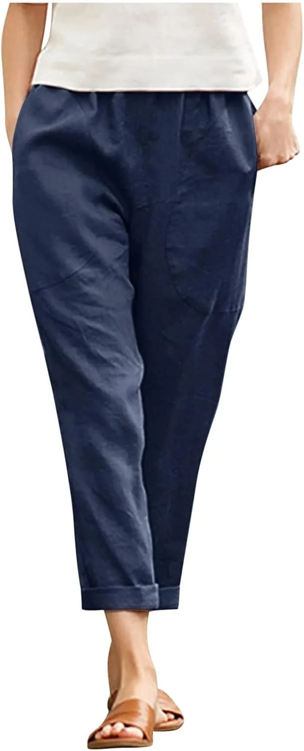 Women Casual Crppped Trousers Linen Cotton Summer Capris Pants Straight Wide Leg Casual Loose Fit Solid Pants with Pockets