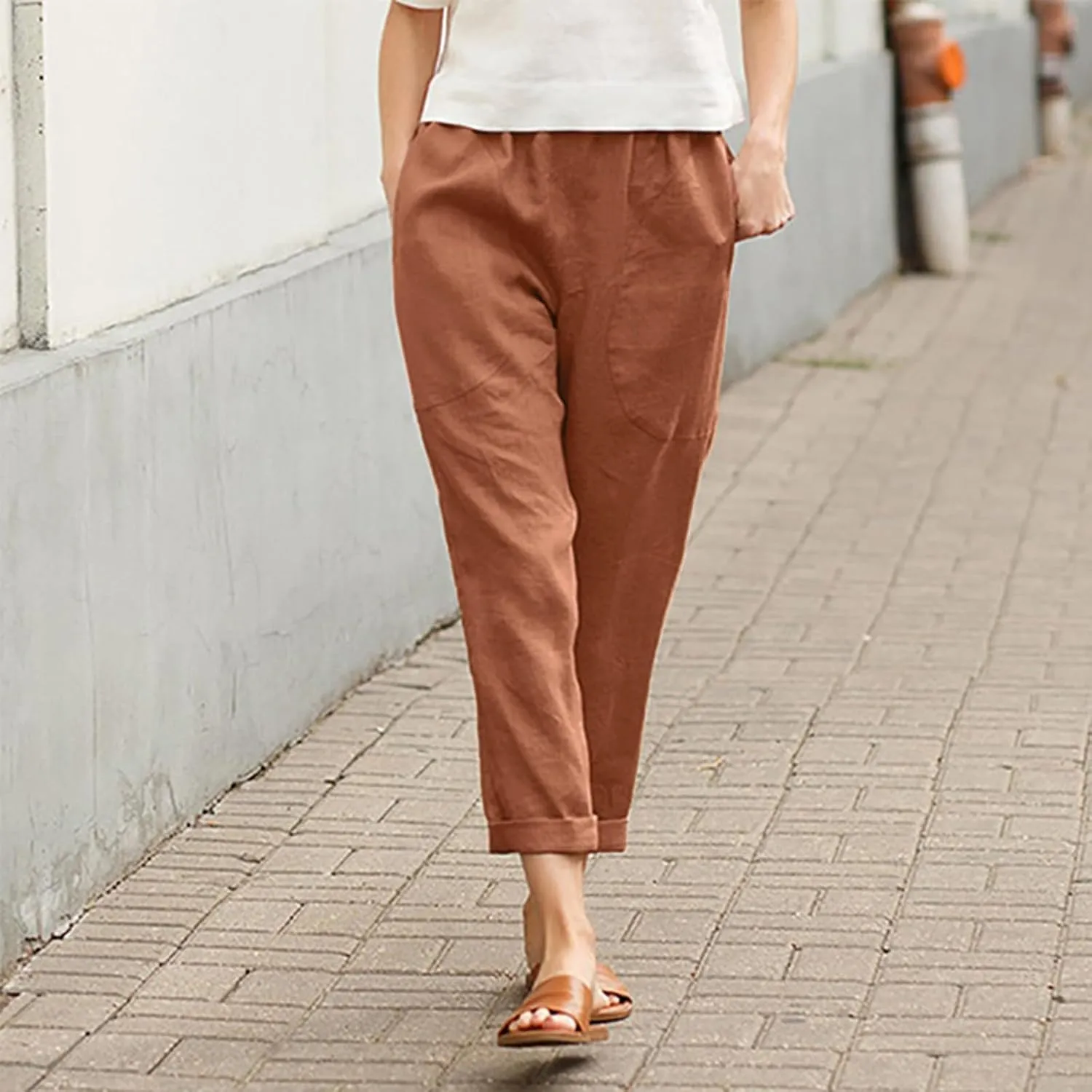 Women Casual Crppped Trousers Linen Cotton Summer Capris Pants Straight Wide Leg Casual Loose Fit Solid Pants with Pockets