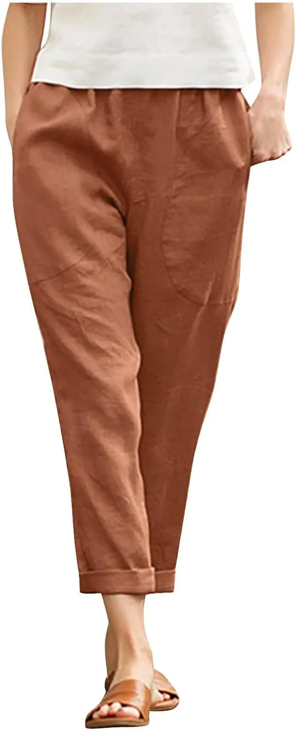 Women Casual Crppped Trousers Linen Cotton Summer Capris Pants Straight Wide Leg Casual Loose Fit Solid Pants with Pockets