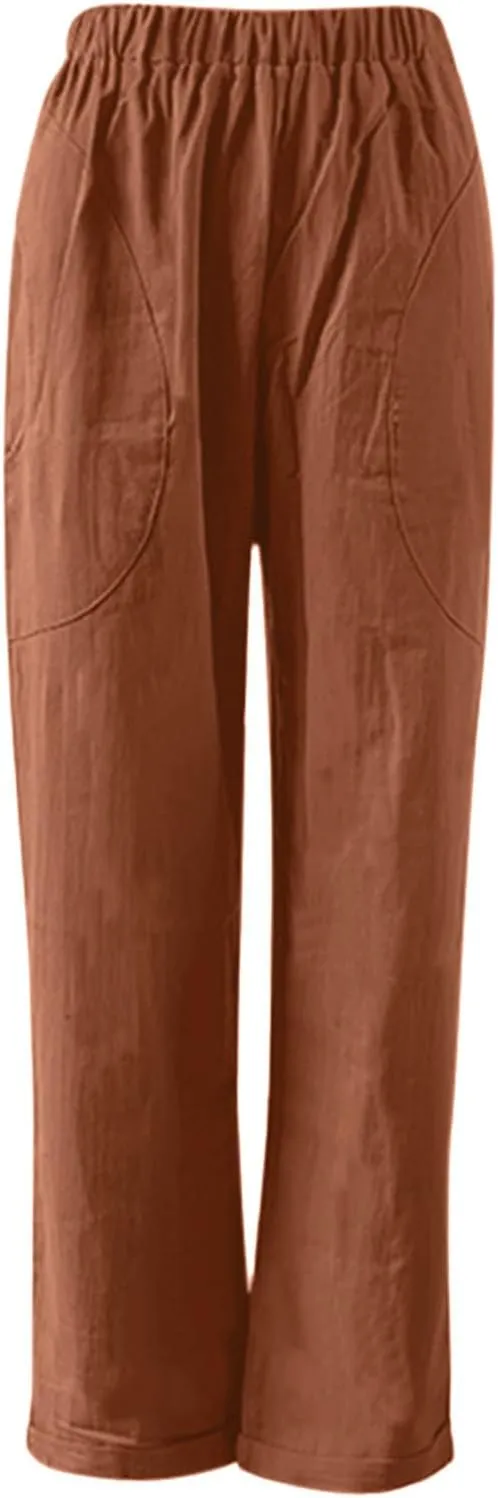 Women Casual Crppped Trousers Linen Cotton Summer Capris Pants Straight Wide Leg Casual Loose Fit Solid Pants with Pockets