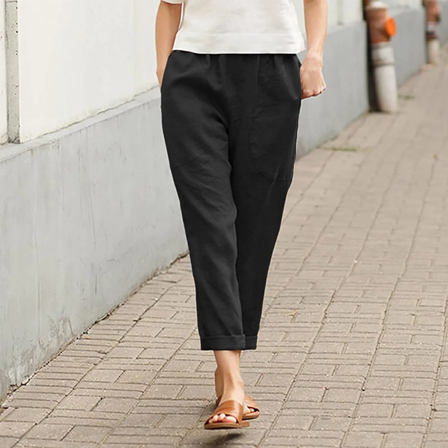 Women Casual Crppped Trousers Linen Cotton Summer Capris Pants Straight Wide Leg Casual Loose Fit Solid Pants with Pockets