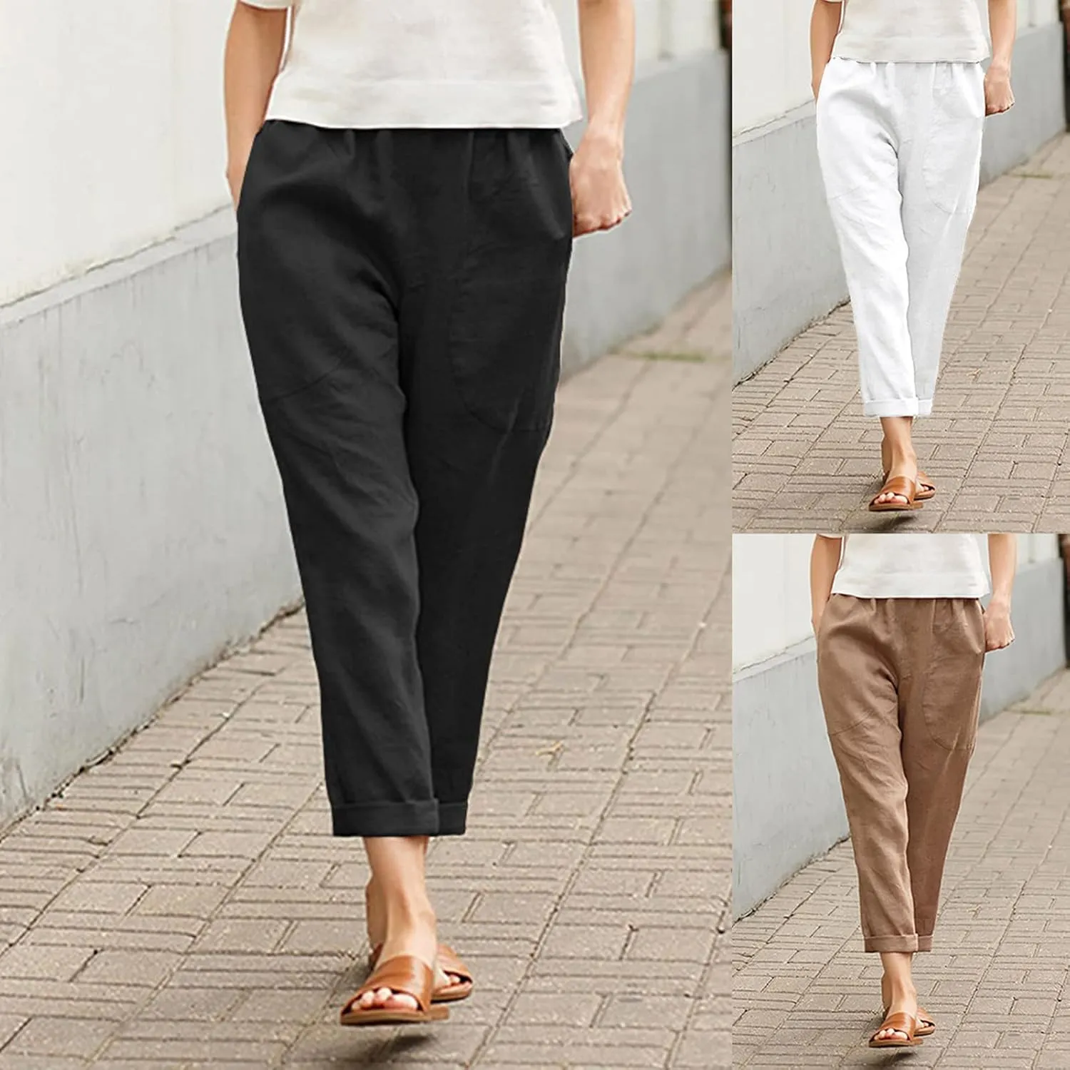 Women Casual Crppped Trousers Linen Cotton Summer Capris Pants Straight Wide Leg Casual Loose Fit Solid Pants with Pockets