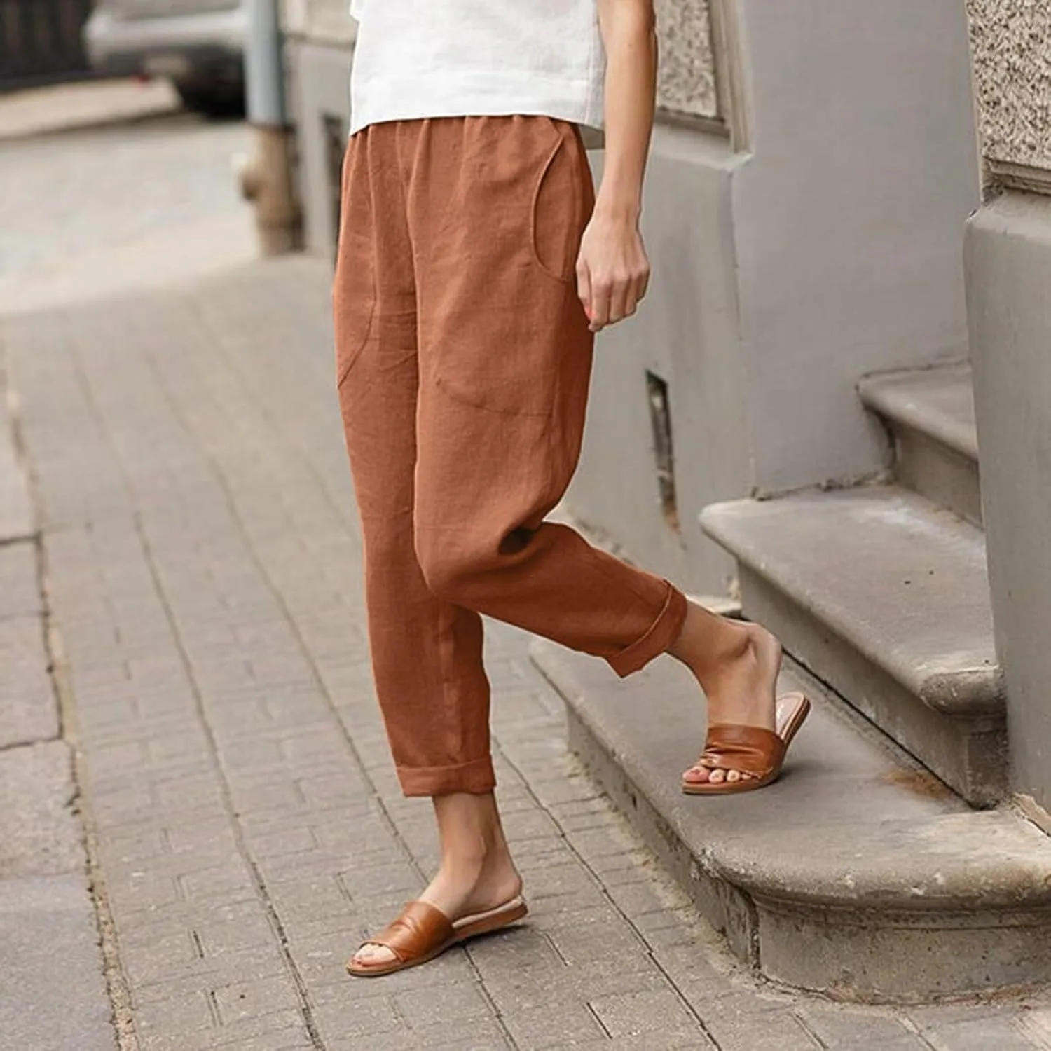 Women Casual Crppped Trousers Linen Cotton Summer Capris Pants Straight Wide Leg Casual Loose Fit Solid Pants with Pockets