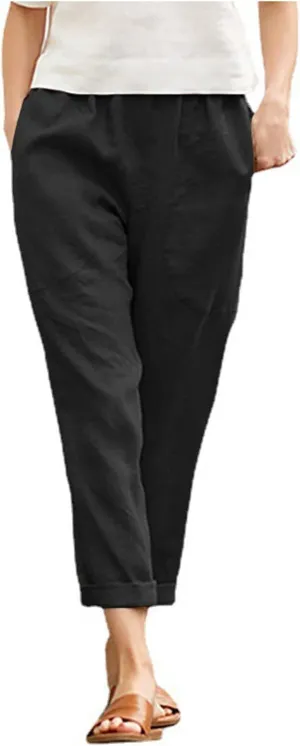 Women Casual Crppped Trousers Linen Cotton Summer Capris Pants Straight Wide Leg Casual Loose Fit Solid Pants with Pockets