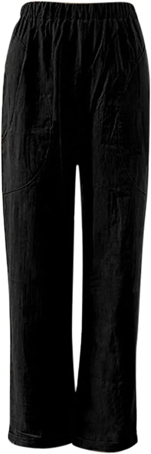 Women Casual Crppped Trousers Linen Cotton Summer Capris Pants Straight Wide Leg Casual Loose Fit Solid Pants with Pockets