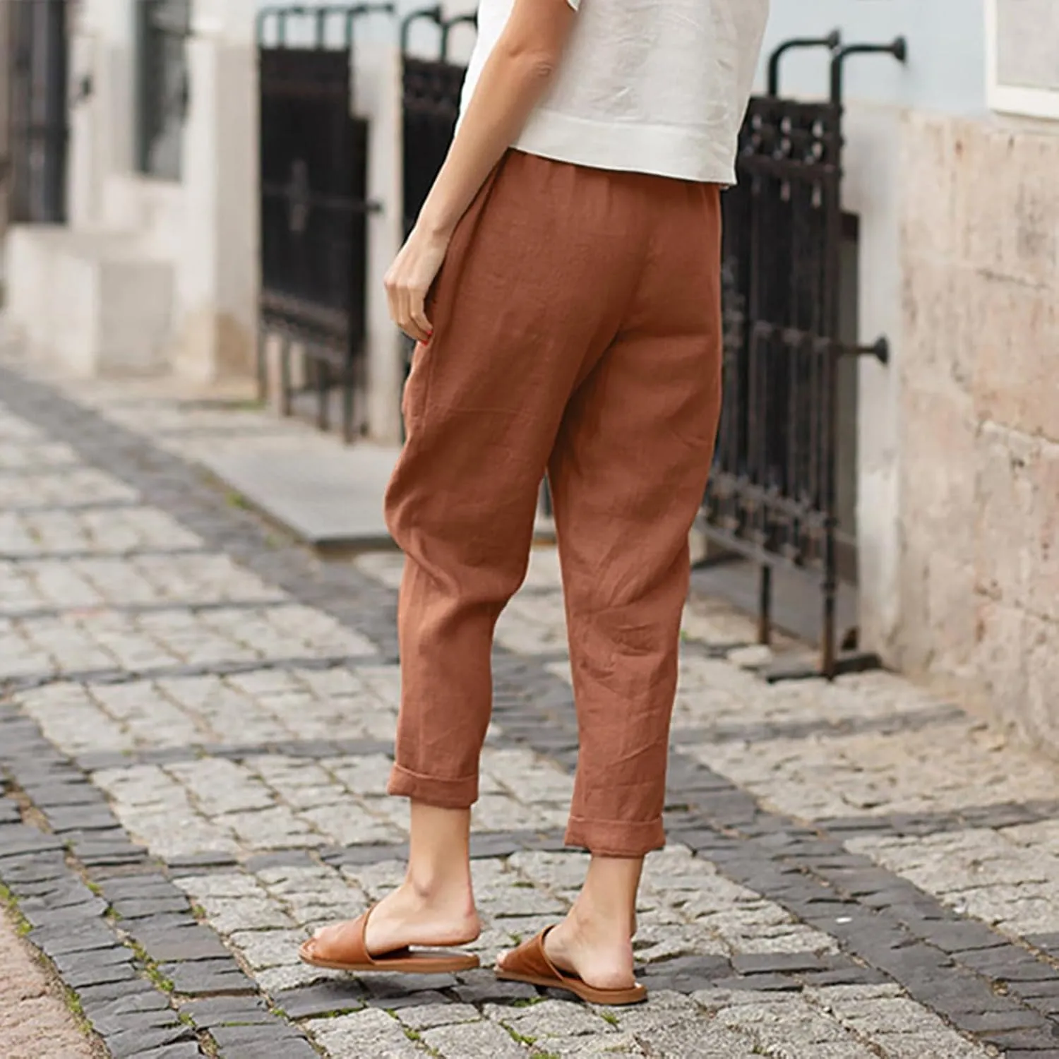 Women Casual Crppped Trousers Linen Cotton Summer Capris Pants Straight Wide Leg Casual Loose Fit Solid Pants with Pockets