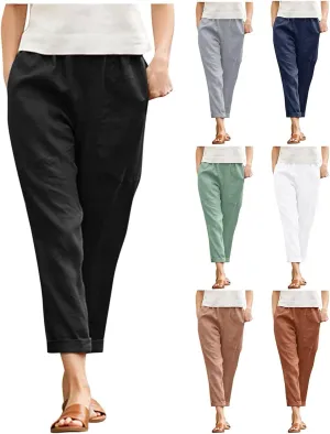 Women Casual Crppped Trousers Linen Cotton Summer Capris Pants Straight Wide Leg Casual Loose Fit Solid Pants with Pockets