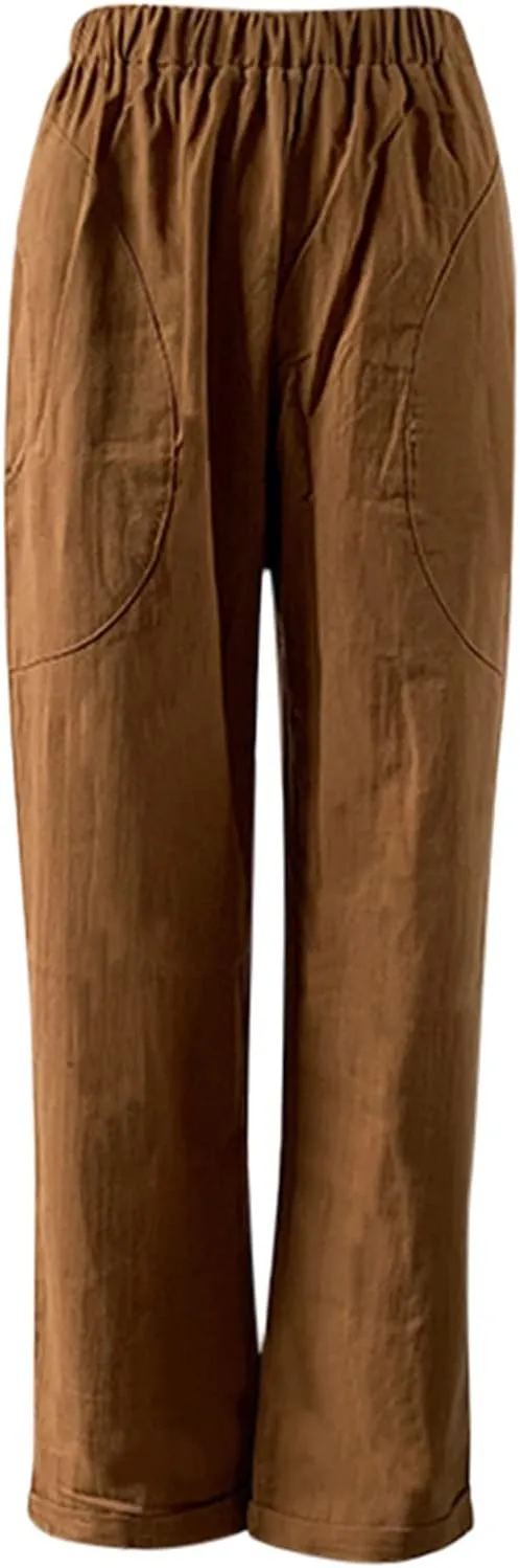 Women Casual Crppped Trousers Linen Cotton Summer Capris Pants Straight Wide Leg Casual Loose Fit Solid Pants with Pockets