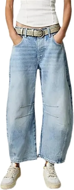 Women Casual Wide Leg Baggy Denim Pants Mid Waist Boyfriend Loose Jeans Barrel Jeans Women with Pockets