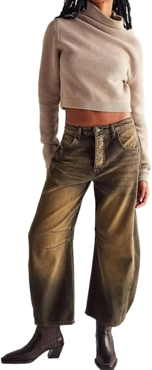 Women Casual Wide Leg Baggy Denim Pants Mid Waist Boyfriend Loose Jeans Barrel Jeans Women with Pockets