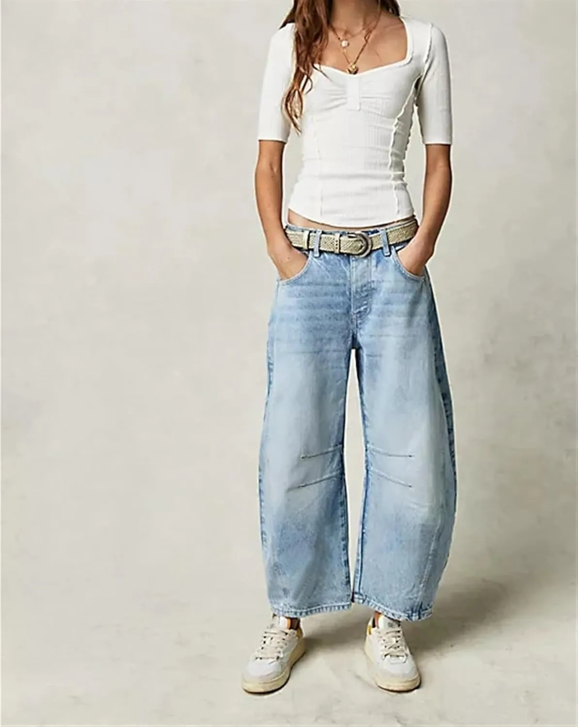 Women Casual Wide Leg Baggy Denim Pants Mid Waist Boyfriend Loose Jeans Barrel Jeans Women with Pockets