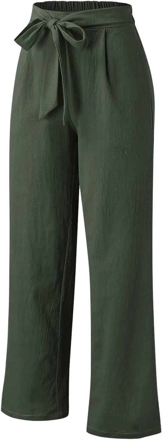 Women Cotton Linen Summer Pants High Waist Straight Wide Leg Casual Pants Adjustable Tie Knot Baggy Trousers with Pockets
