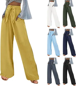 Women Cotton Linen Summer Pants High Waist Straight Wide Leg Casual Pants Adjustable Tie Knot Baggy Trousers with Pockets