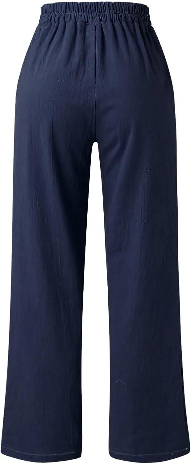 Women Cotton Linen Summer Pants High Waist Straight Wide Leg Casual Pants Adjustable Tie Knot Baggy Trousers with Pockets