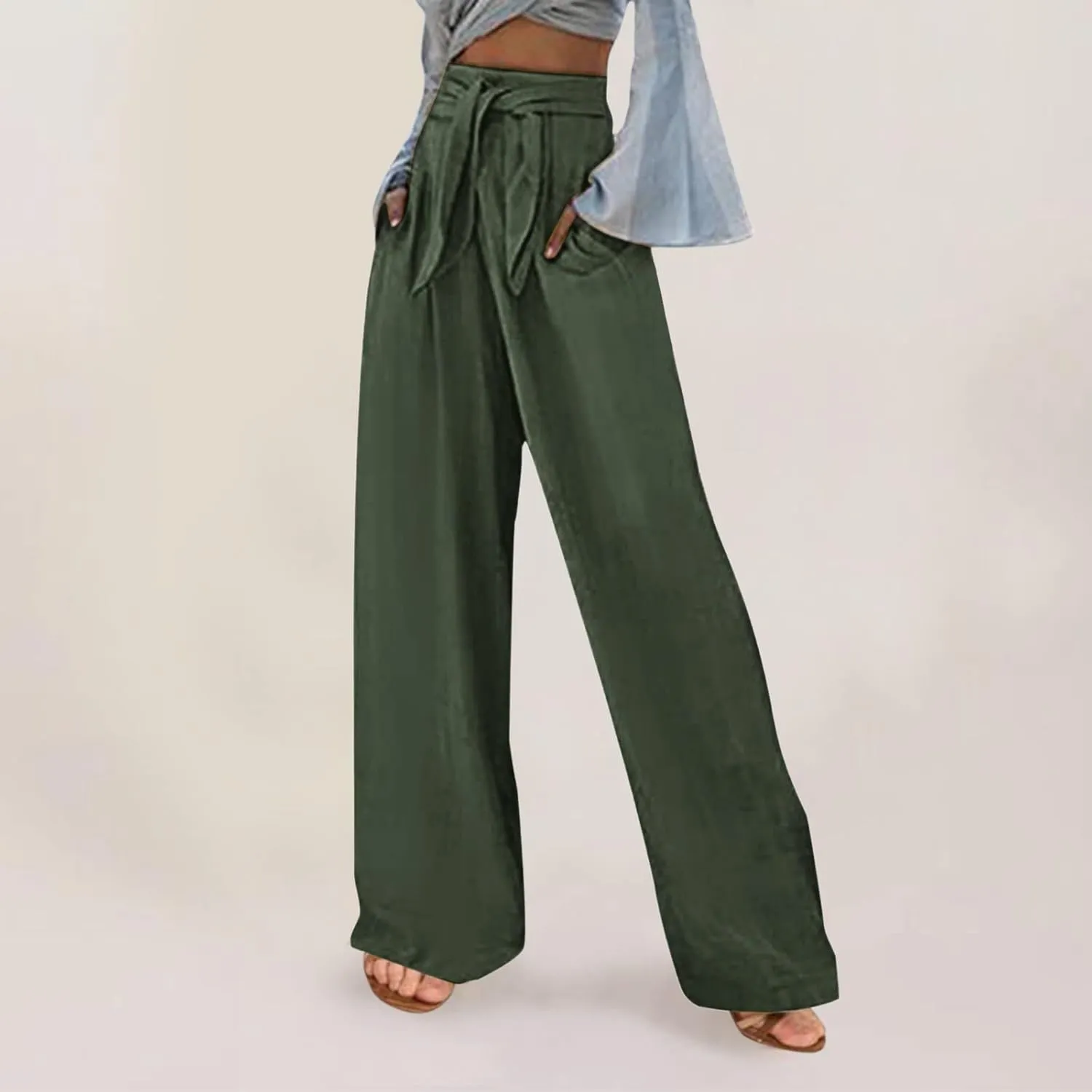Women Cotton Linen Summer Pants High Waist Straight Wide Leg Casual Pants Adjustable Tie Knot Baggy Trousers with Pockets