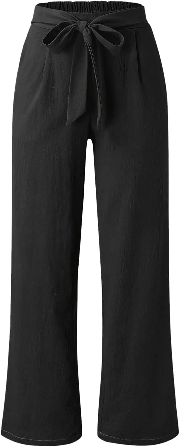 Women Cotton Linen Summer Pants High Waist Straight Wide Leg Casual Pants Adjustable Tie Knot Baggy Trousers with Pockets