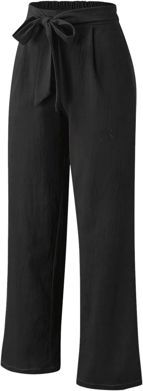 Women Cotton Linen Summer Pants High Waist Straight Wide Leg Casual Pants Adjustable Tie Knot Baggy Trousers with Pockets