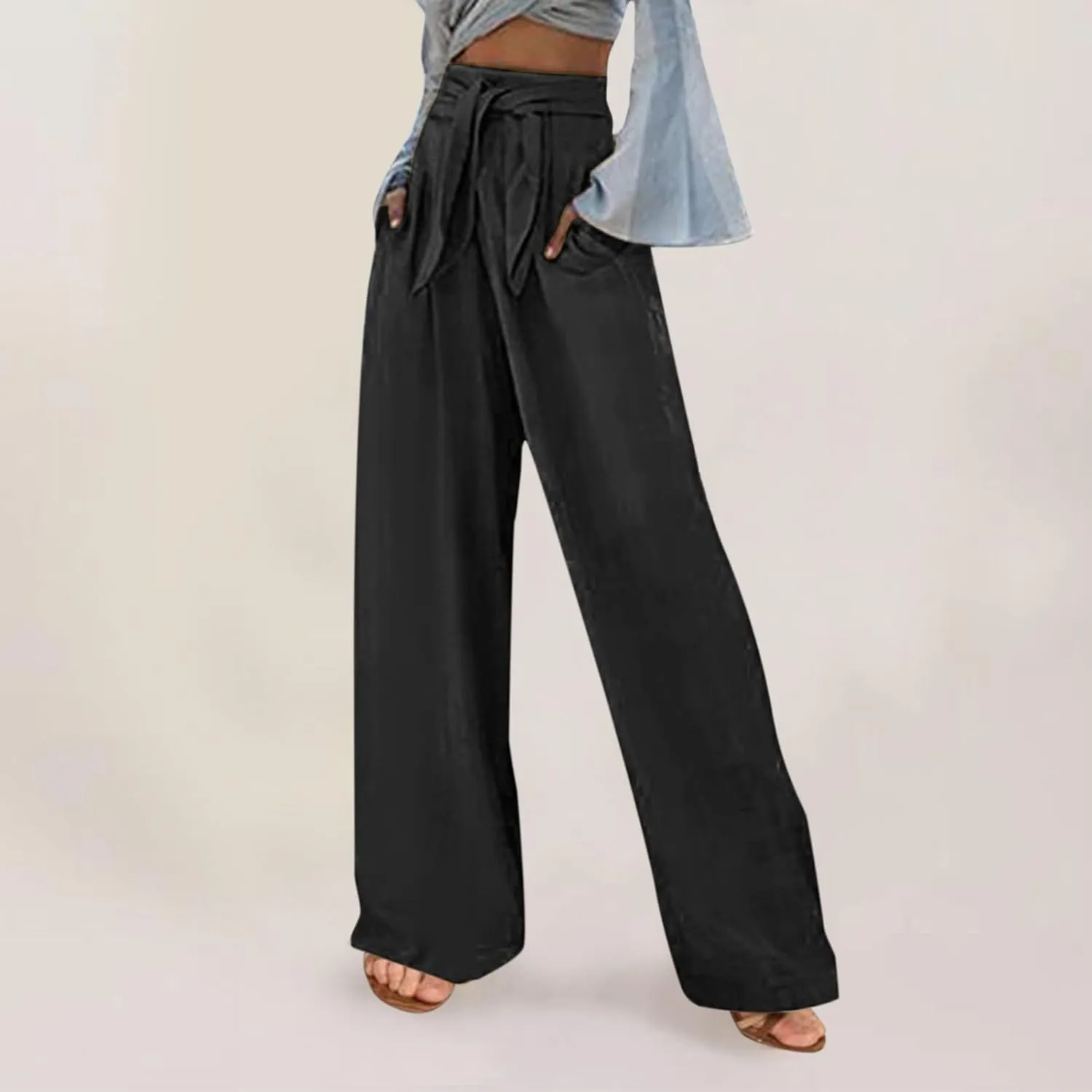 Women Cotton Linen Summer Pants High Waist Straight Wide Leg Casual Pants Adjustable Tie Knot Baggy Trousers with Pockets