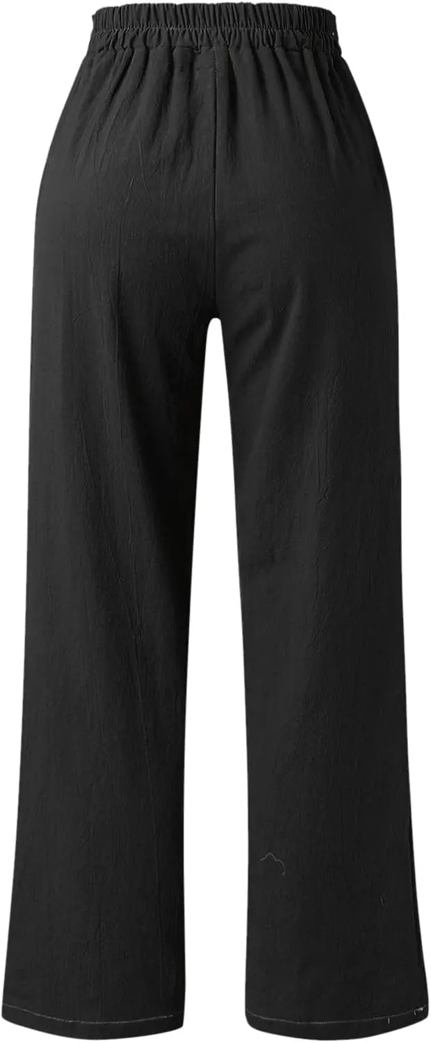 Women Cotton Linen Summer Pants High Waist Straight Wide Leg Casual Pants Adjustable Tie Knot Baggy Trousers with Pockets