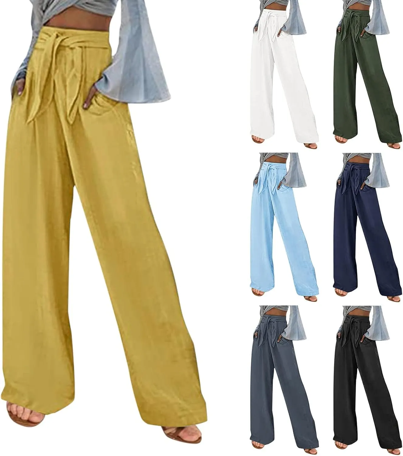 Women Cotton Linen Summer Pants High Waist Straight Wide Leg Casual Pants Adjustable Tie Knot Baggy Trousers with Pockets