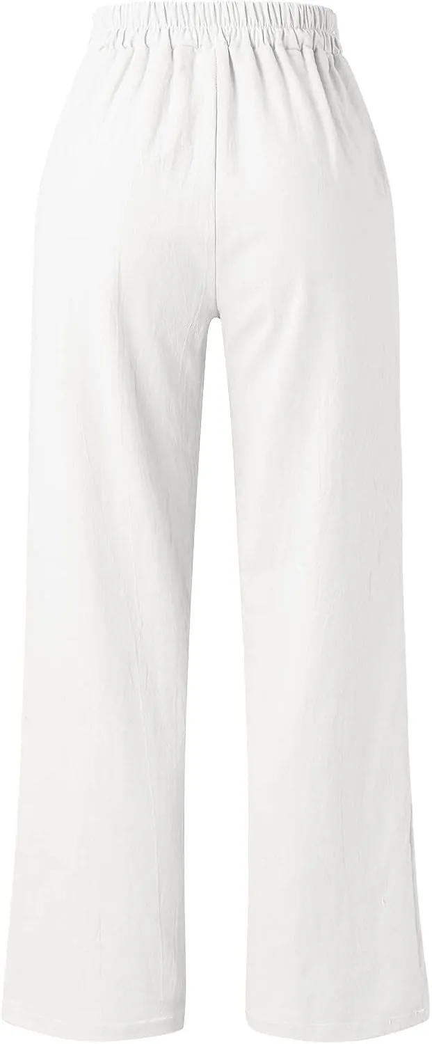 Women Cotton Linen Summer Pants High Waist Straight Wide Leg Casual Pants Adjustable Tie Knot Baggy Trousers with Pockets