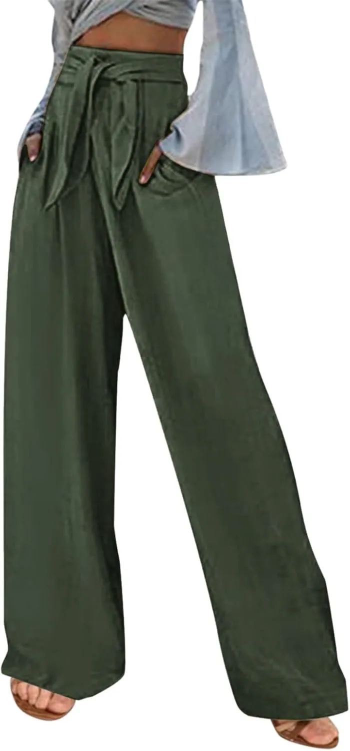 Women Cotton Linen Summer Pants High Waist Straight Wide Leg Casual Pants Adjustable Tie Knot Baggy Trousers with Pockets