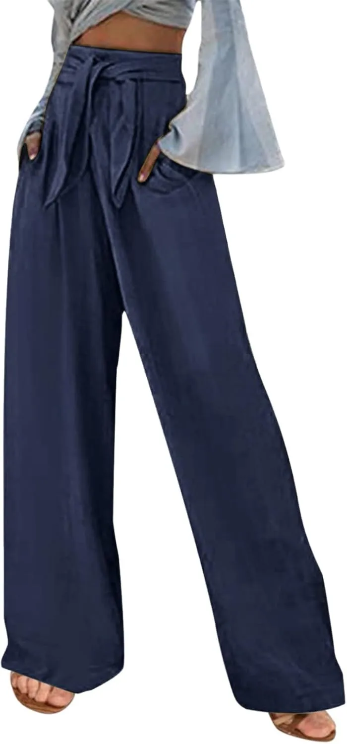 Women Cotton Linen Summer Pants High Waist Straight Wide Leg Casual Pants Adjustable Tie Knot Baggy Trousers with Pockets