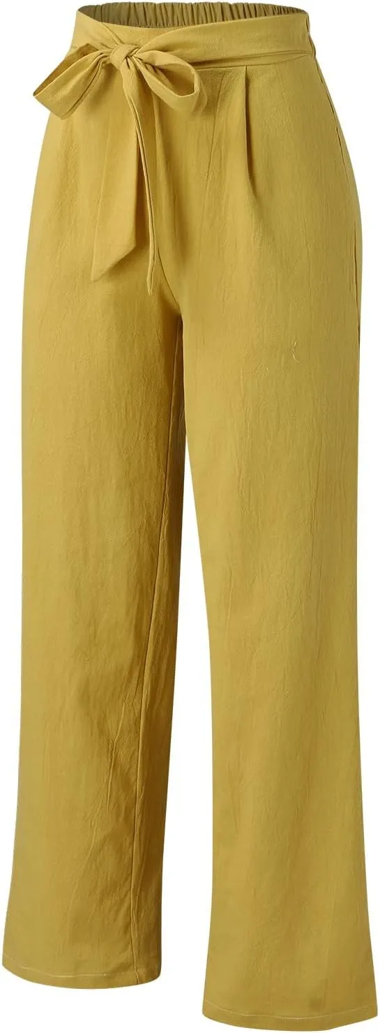 Women Cotton Linen Summer Pants High Waist Straight Wide Leg Casual Pants Adjustable Tie Knot Baggy Trousers with Pockets