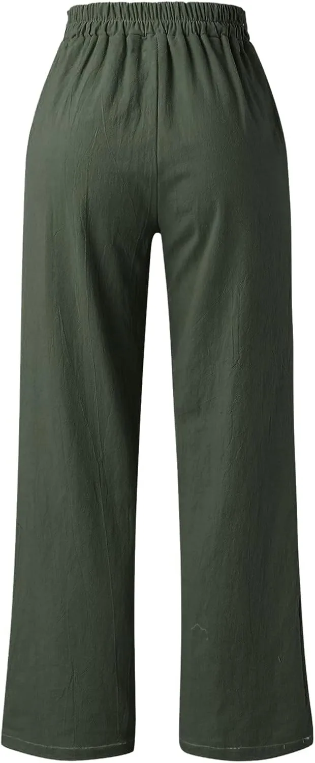 Women Cotton Linen Summer Pants High Waist Straight Wide Leg Casual Pants Adjustable Tie Knot Baggy Trousers with Pockets
