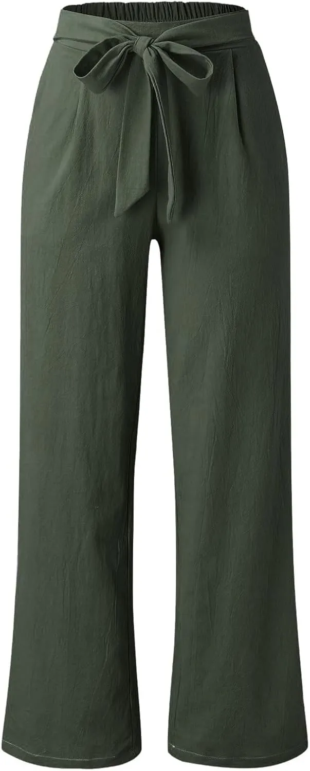 Women Cotton Linen Summer Pants High Waist Straight Wide Leg Casual Pants Adjustable Tie Knot Baggy Trousers with Pockets
