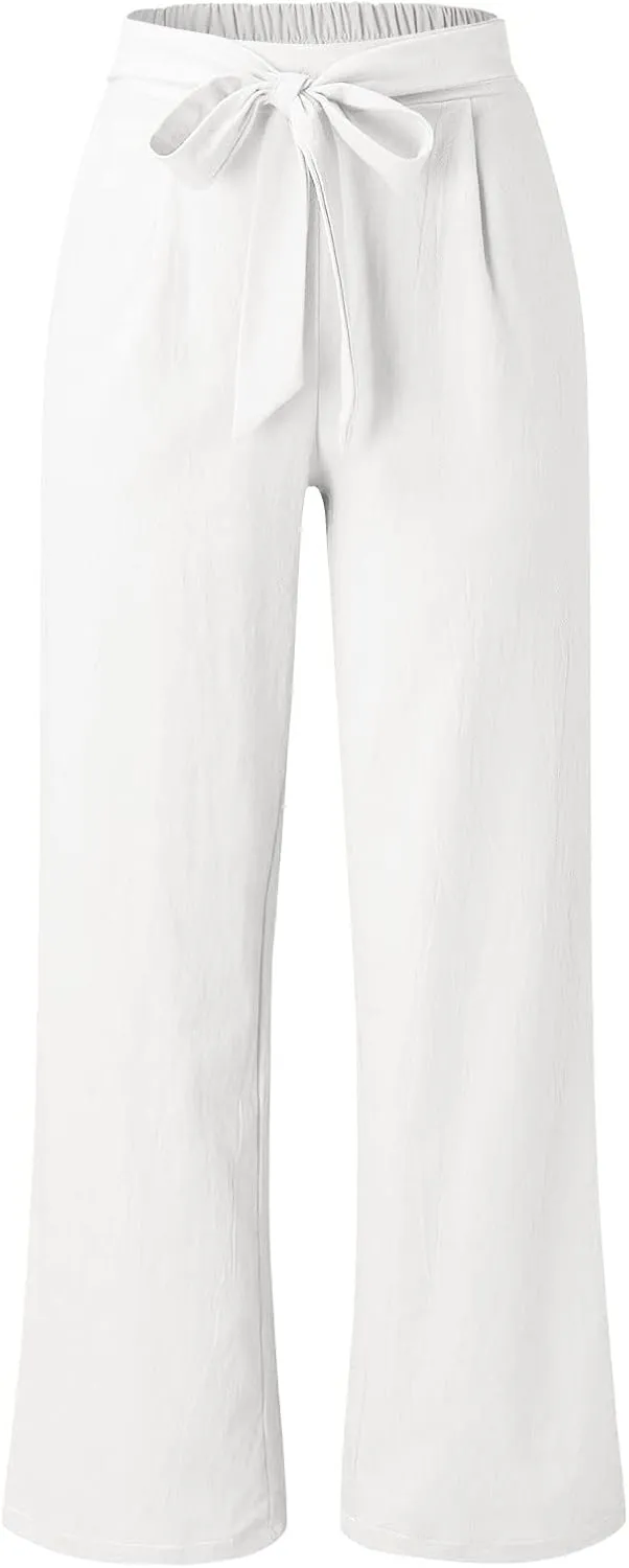 Women Cotton Linen Summer Pants High Waist Straight Wide Leg Casual Pants Adjustable Tie Knot Baggy Trousers with Pockets