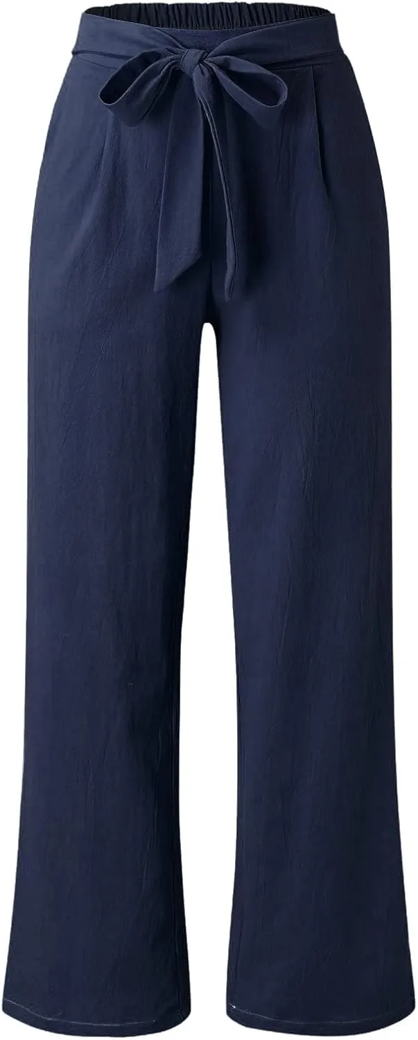 Women Cotton Linen Summer Pants High Waist Straight Wide Leg Casual Pants Adjustable Tie Knot Baggy Trousers with Pockets
